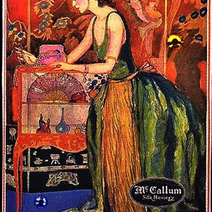 May include: A vintage illustration of a woman in a green and gold dress, standing in front of a cabinet with a fan and other items. The illustration is used to make jewellery, magnets, and ornaments. The text "McCallum Silk Hosiery" is visible in the bottom right corner.