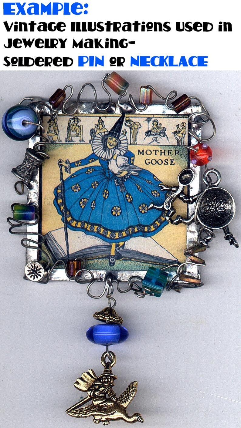 May include: A vintage illustration of Mother Goose, a woman in a blue dress and white ruff, holding a white goose, is framed in a silver metal frame. The frame is decorated with wire, beads, and charms, including a silver star charm and a charm of a person riding a goose.