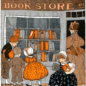 Illustration vintage de librairie : enfants lisant des oeuvres d'art (téléchargement numérique)