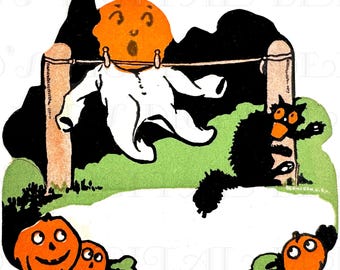May include: Vintage Halloween illustration featuring a white ghost hanging on a clothesline under an orange moon. A black cat and jack-o'-lanterns are also present. The artwork has a retro, cartoonish style, with a green and black background.