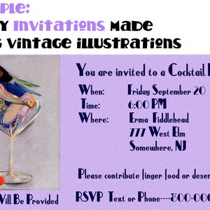 May include: A vintage-style cocktail party invitation with a purple background. The invitation features a woman in a cocktail glass, a cherry, and the text "You are invited to a Cocktail Party!"  "When: Friday September 20"  "Time: 6:00 PM"  "Where: Erma Fiddlehead 777 West Elm Somewhere, NJ"  "Please contribute finger food or desert"  "Cocktails Will Be Provided RSVP Text or Phone---300-000-0000"