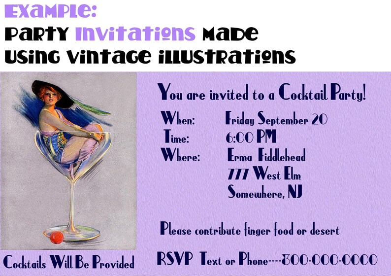 May include: A vintage-style cocktail party invitation with a purple background. The invitation features a woman in a cocktail glass, a cherry, and the text "You are invited to a Cocktail Party!"  "When: Friday September 20"  "Time: 6:00 PM"  "Where: Erma Fiddlehead 777 West Elm Somewhere, NJ"  "Please contribute finger food or desert"  "Cocktails Will Be Provided RSVP Text or Phone---300-000-0000"