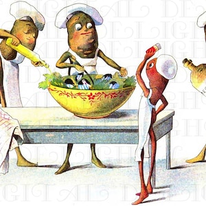 May include: A vintage illustration depicts anthropomorphic potatoes in chef hats and aprons preparing a salad. One potato pours oil, another stirs, and a third adds seasoning. A bottle of vinegar and a salt shaker are also present. The scene is set on a table.