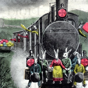 Strani CONIGLI pasquali viaggiano fuori dal TRENO.. Cartolina di PASQUA. Illustrazione pasquale vintage. Download digitale di Pasqua. Stampa pasquale vintage.