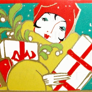 Art Deco Christmas Card Illustration: Flapper with Gifts (Digital Download)