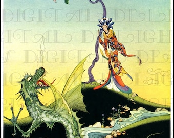 RARE. Gorgeous Asian PRINCESS And Dragon. Vintage Fairy Tale Illustration. Digital Download.  Virginia Sterrett. From FIRST Edition.