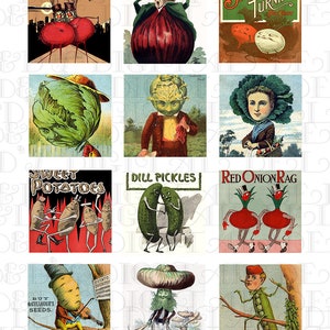 Illustrations vintage de personnes végétariennes drôles. Téléchargement numérique. Feuille de collage numérique imprimable de 2 x 2 po. Téléchargement numérique de CLIP ART.