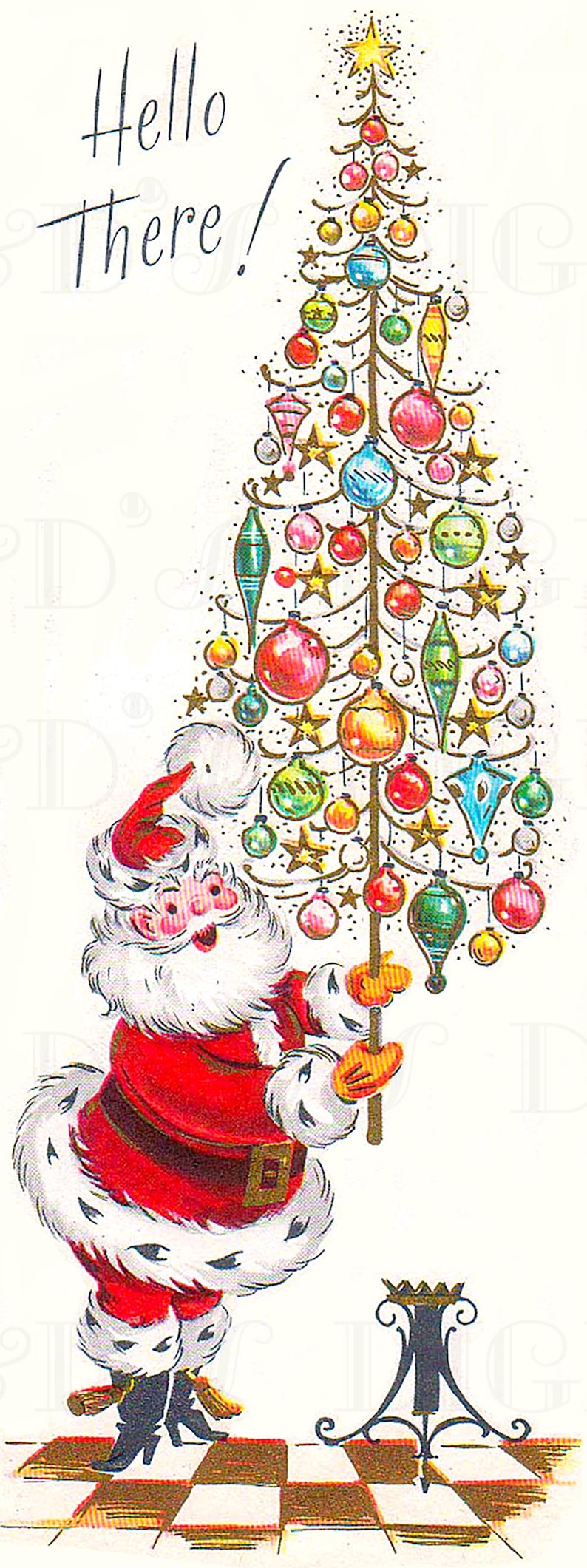 Mid Century Santa and Mod Tree! Retro Mid Century Christmas Illustration. Digital RETRO Santa DOWNLOAD. Mid Century Santa Card Print image 1