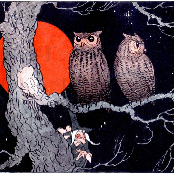 Spooky OWLS in A Moon Lit Tree. Vintage Halloween ILLUSTRATION. Vintage Halloween Digital DOWNLOAD. Halloween Printable Image. Digital Print