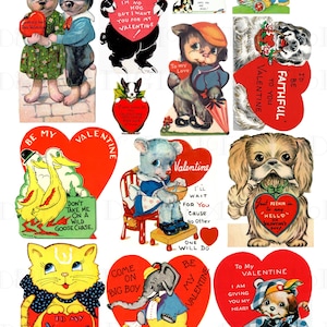 Vintage Animal Valentine Collage: Cat & Dog Clip Art (Digital Download)