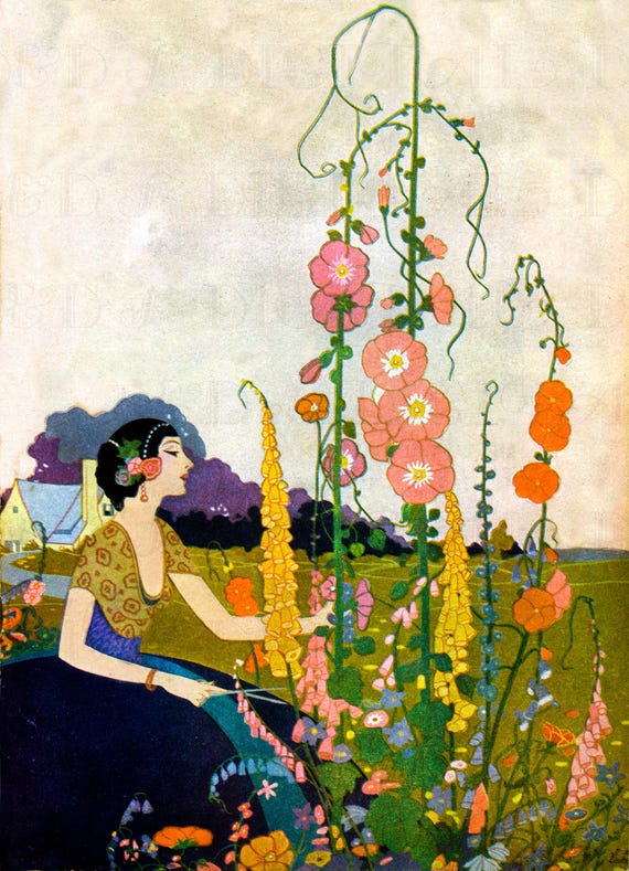 Vintage Flapper Gardening Illustration: 1920s Flower Art (digital