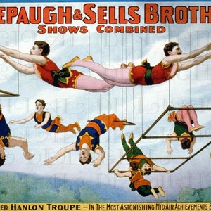 Affiche de CIRQUE antique. Illustration vintage d'artistes trapézistes volants. TÉLÉCHARGER Cirque numérique vintage. impression vintage de cirque de trapéziste.