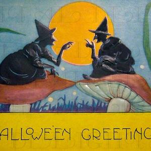 Hexen auf Pilze!! Vintage Halloween Postkarte DIGITAL Download. Vintage Halloween Illustration. Perfekt für Papierbasteleien!