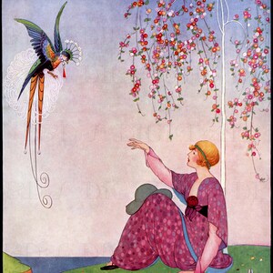 Exquisita flapper art déco y ave exótica. Ilustración vintage de revista de moda, estilo flapper, de 1914. Descarga digital.