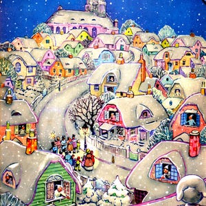 Vintage Christmas Town Illustration: Snow Scene Digital Download