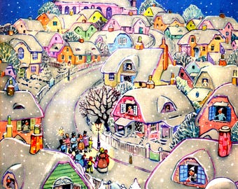 Vintage Christmas Town Illustration: Snow Scene Digital Download