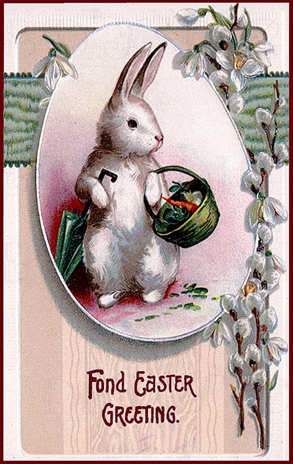 Vintage Easter Bunny Illustration: Ready For Rain. Antique Postcard Art Print (Digital Download)