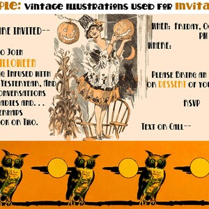 May include: A vintage Halloween party invitation with an illustration of a woman holding two jack-o'-lanterns. The text reads "You are invited to join a Halloween gathering infused with charms of yesteryear, and share conversations among ladies and... perhaps a spook or two."  The invitation also includes details about the event, such as the date, time, and location.  It also requests guests to bring an appetizer or dessert of their choice.
