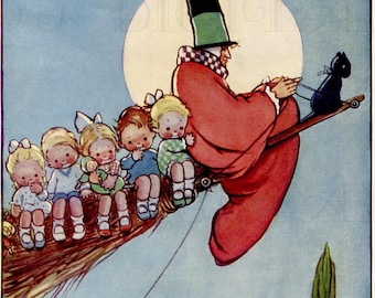 Vintage Flying Mother Goose Illustration: Mabel Lucie Atwell Art (Digital Download)