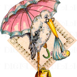 Super Cigogne Duper ! Carte vintage pour faire-part de NAISSANCE, douche ou invitations.  Illustration vintage. Cigogne imprimable en téléchargement numérique.