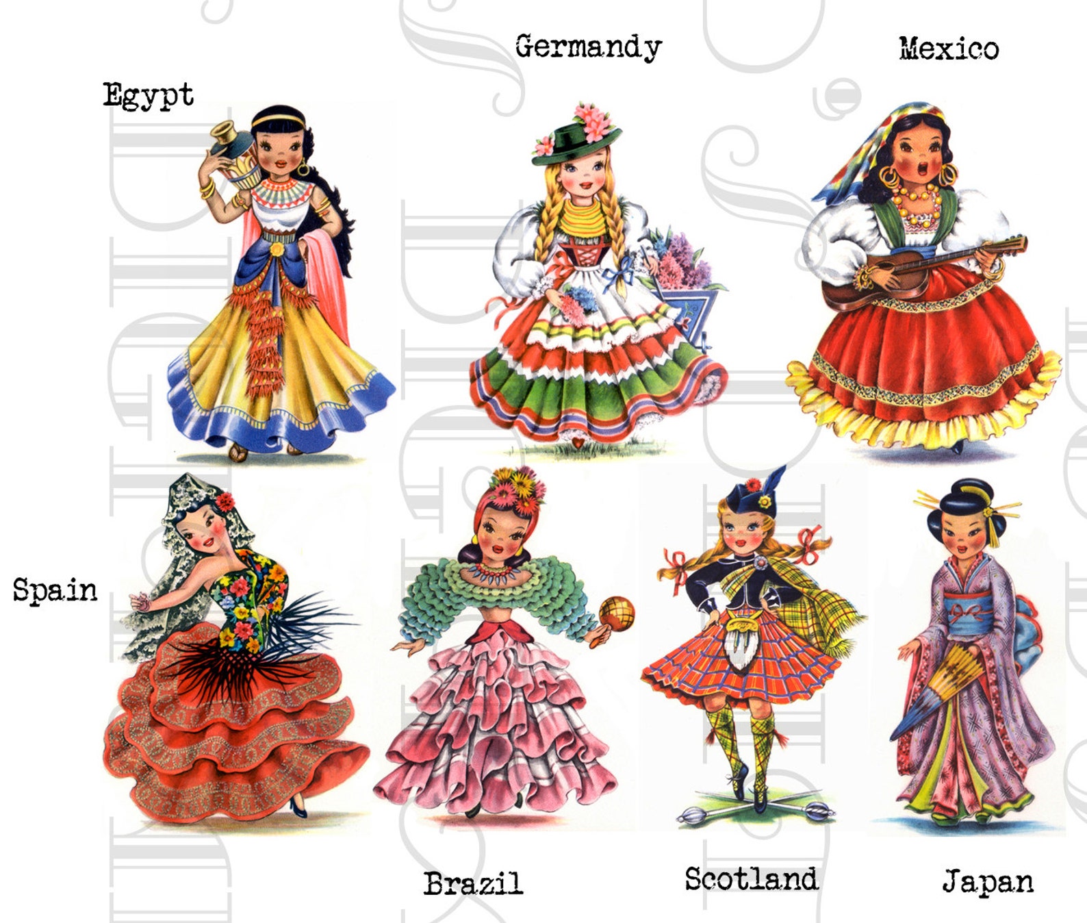 DOLLS of Many COUNTRIES Vintage Illustrations Digital Etsy