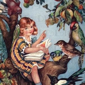 In den Zweigen, Mädchen LIEST Und LEHRT die Vögel! Vintage Buch, lesen Digitaler Download. Vintage Deko Digitaldruck.