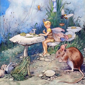 FAIRY Elf On Mushroom With FROG and Mouse Friends! Fairy Vintage ILLUSTRATION. Digital Vintage Fairy Download. Digital Fairy Print.