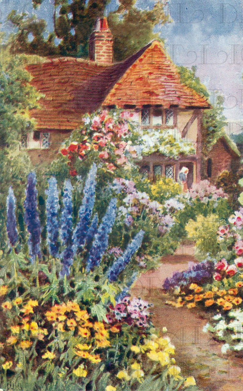 May include: A watercolor painting of a cottage with a red tile roof and a garden full of colorful flowers. The flowers are in shades of blue, yellow, pink, and white. There is a path leading to the cottage.