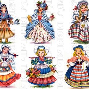 Vintage illustraties van POPPEN uit vele landen! Digitale collage downloaden. Afdrukbaar digitaal COLLAGE-vel. Zes 4" meisjes! Voor papierkunst #3