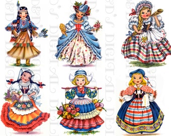 May include: Six illustrations of girls in traditional clothing from different countries. The girls are wearing colorful dresses and hats. The illustrations are in a vintage style.