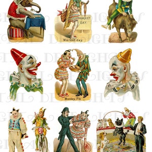 ¡PAYASOS DE CIRCO antiguos! COLLAGE de payasos de circo para imprimir digitalmente. Clip art de payasos digitales. Ilustración de payasos antiguos. Descarga digital.