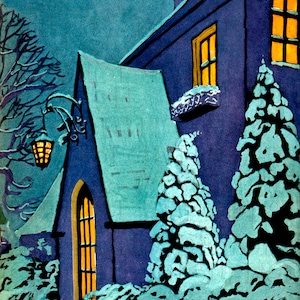 Superbe cottage de Noël confortable bleu. Illustration numérique de chalet vintage.  Merveilleux hiver en téléchargement numérique. Impression numérique de chalet.