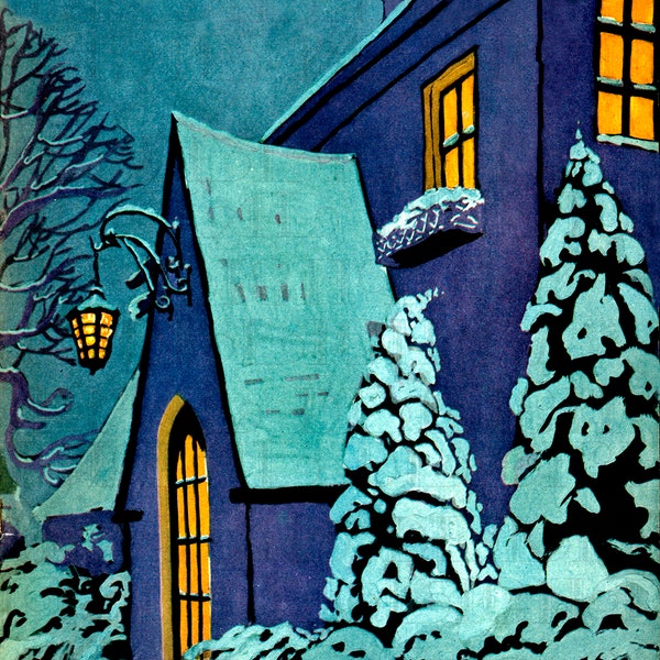 Stunning Blue Cosy CHRISTMAS COTTAGE. Digital Vintage Cottage Illustration.  Wonderful Winter Digital Download. Digital Cottage Print.