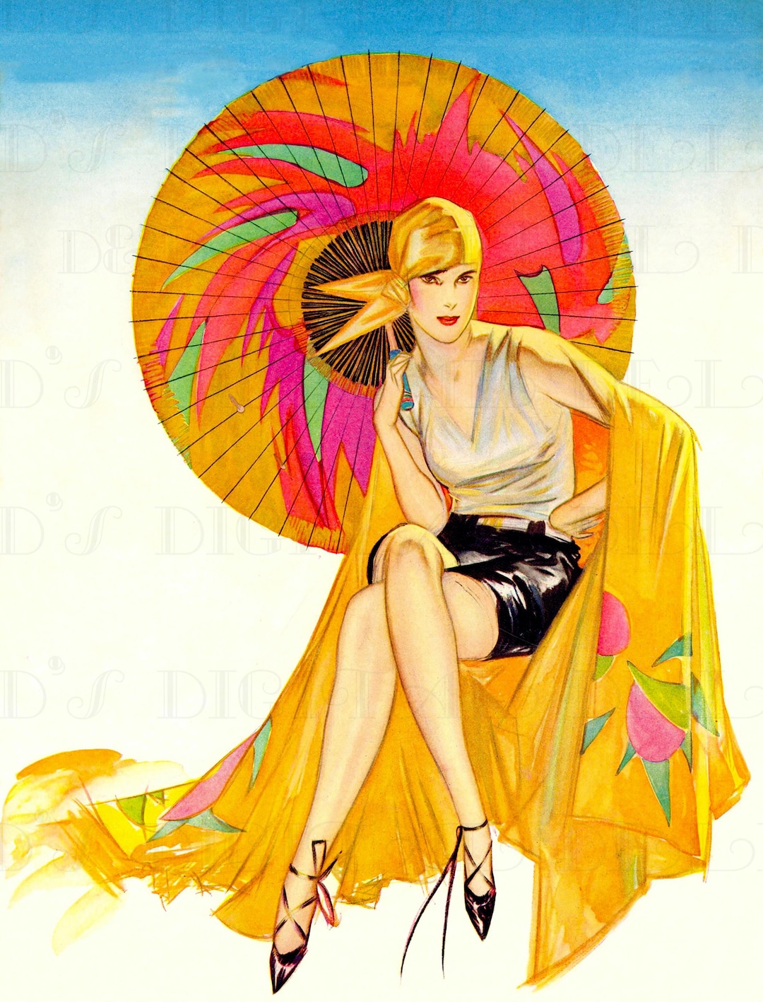 1920s Flapper on Beach Illustration: Vintage Art Deco Fashion Print ...