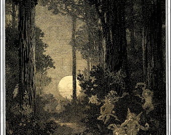 May include: A black and white illustration of a group of fairies flying through a moonlit forest. The fairies are depicted with wings and flowing robes. The moon is visible in the background, casting a soft glow on the scene.