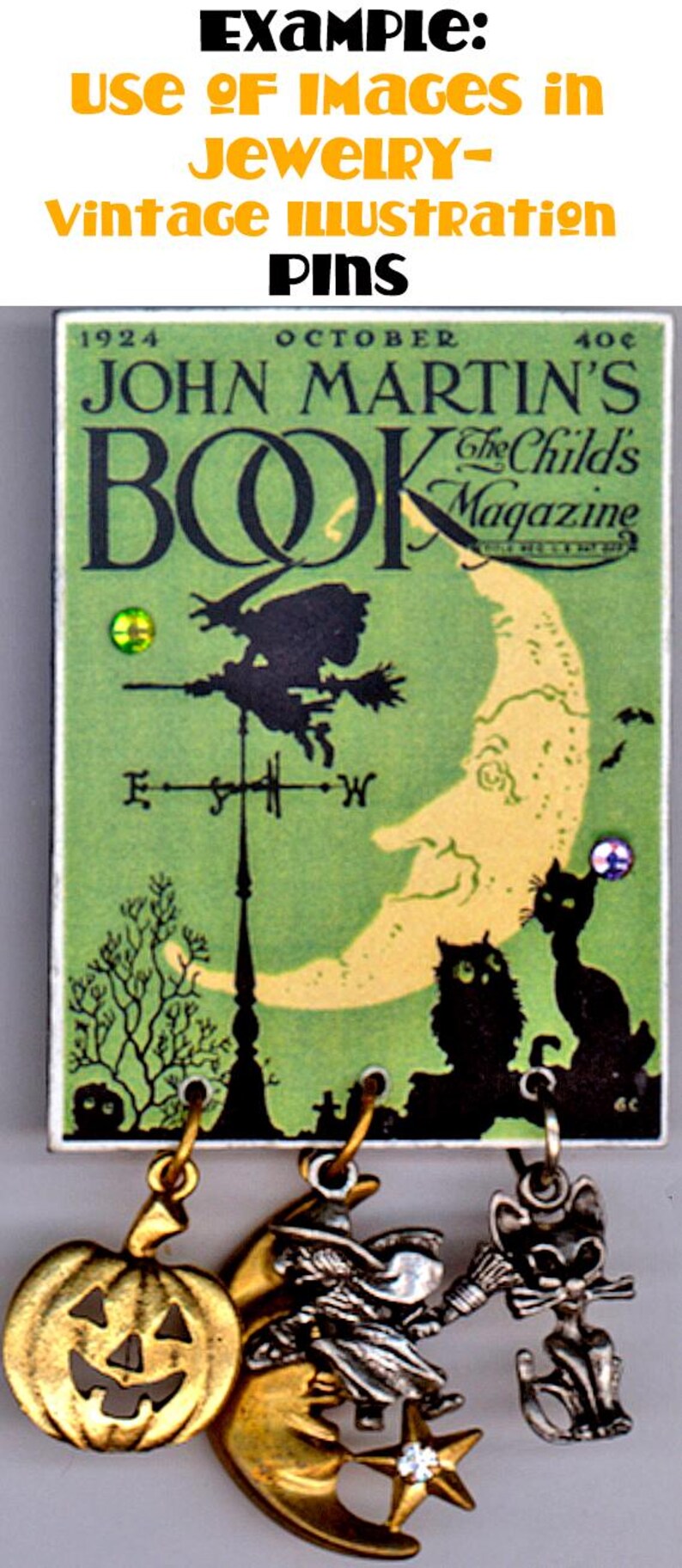K&ouml;nnte beinhalten: Ein Set aus vier Vintage-Schmucknadeln zum Thema Halloween. Die Nadeln zeigen eine Hexe, die auf einem Besen fliegt, einen Halbmond, einen K&uuml;rbis und eine schwarze Katze. Die Nadeln sind aus Metall und haben eine goldene Oberfl&auml;che.