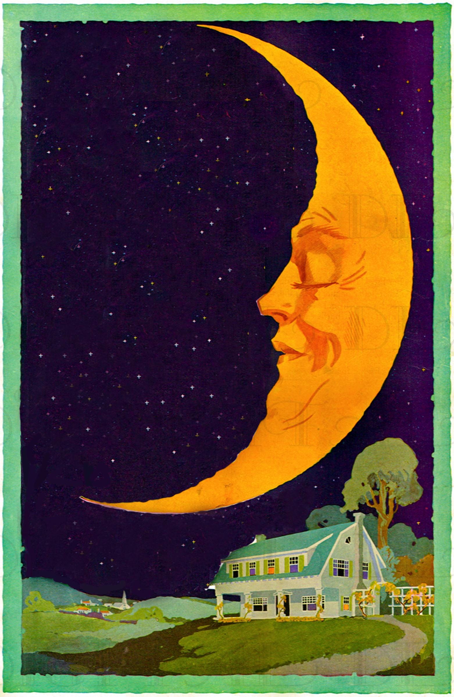 MAN in the HALF Moon! Vintage Moon and Cottage Illustration