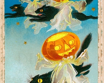 Vintage Halloween Postkarte: FLIEGEN Schwarze Katzen, Geister, Kürbisse (Digitaler Download)