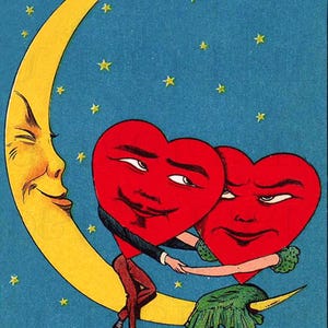 ¡Cucharita en la Luna! Tarjeta de San Valentín. Ilustración vintage. Descarga digital.