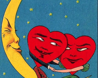 Spooning On The Moon! VALENTINE Card! Vintage Illustration. Valentine DIGITAL Download.