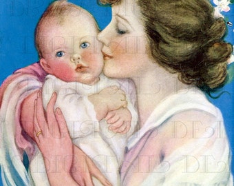 Sweet Baby Kissed By Mother. Soft Lovely Edwardian/Deco Illustration.  Perfect for MOTHER'S DAY. Digital Vintage Illustration Download.