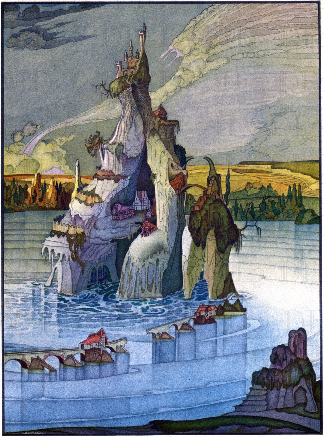 Mysterious CASTLE. Art Deco Fairy Tale. Vintage Digital Illustration