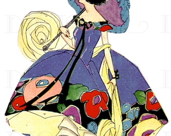 RARE 1920s Deco Flapper with Parasol. VINTAGE Bridge Tally Digital ILLUSTRATION. Digital Download.