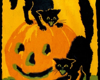 Vintage Halloween Digital Print: Schwarze Katzen & Kürbis (Digital Download)