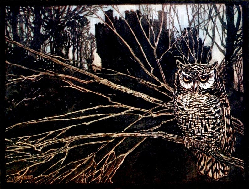 Arthur Rackham Halloween Print: Eerie Owl in Tree Illustration (digital ...