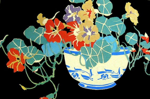 RARE. Luscious Colorful Vase of NASTURTIUMS! Vintage FLOWER Illustration. Vintage Digital Flower Download. Vintage Flowers Printable Image.