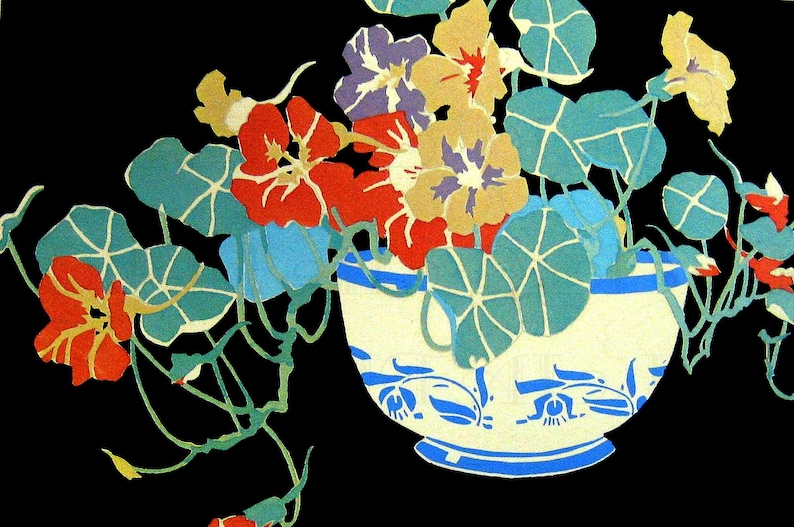 RARE. Luscious Colorful Vase of NASTURTIUMS! Vintage FLOWER Illustration. Vintage Digital Flower Download. Vintage Flowers Printable Image. image 1