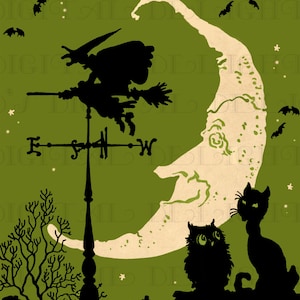 Ridiculously RARE! WITCH Weathervane/Crescent Moon Vintage Illustration. Vintage Halloween Digital Download. Scanned from ORIGINAL Magazine!