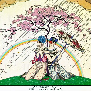 Vintage Barbier Illustration: April Showers Rainbow - Deco Printable (Digital Download)