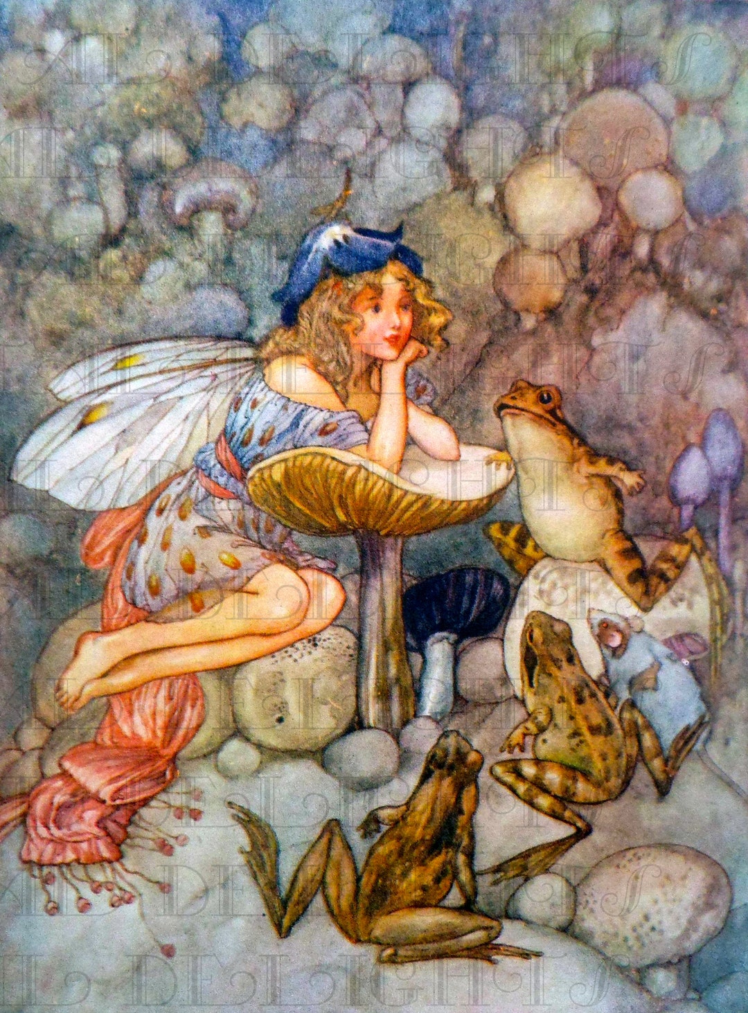Flower FAIRY With Her FROG Admirers Storybook Vintage ILLUSTRATION